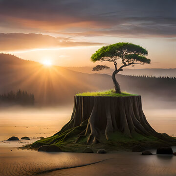 Bonsai tree growing out of a regular tree trunk. (Death Begets Life)