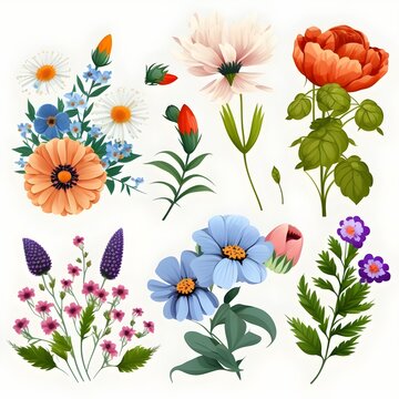 flowers separate pictures cartoon style white background 