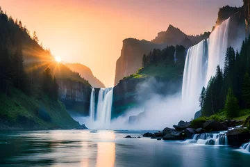 Fototapete water falls from huge mountains at sunset © Izhar