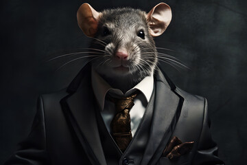 The rat wears a neat suit and tie working in the office, an illustration of a corrupt government - obrazy, fototapety, plakaty