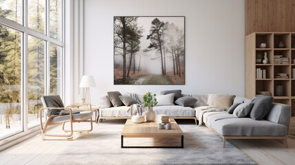 Scandinavian interior design for a modern living room featuring an elegant sofa, framed artwork, a table, and wall