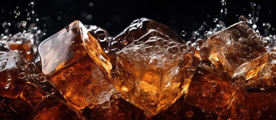 A detailed look at ice cubes in cola with foam and bubbles on the glass wall fizzing upwards