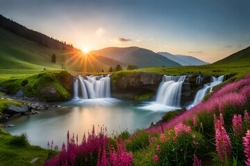 waterfall in the mountains with flowers in spring at sunrise