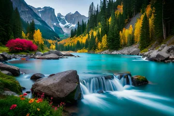  mountain river in autumn, waterfall in mountains with trees in spring at the morning © Izhar