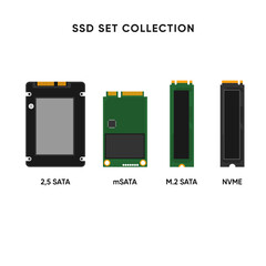 SSD set collection. Parts of computer and PC hardware components in outline collection set. Labeled elements for device and peripherals assembly vector illustration.