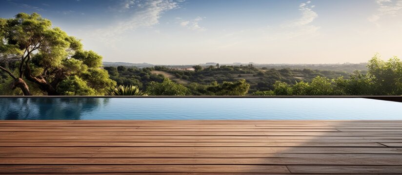Modern villa with a view of a swimming pool and wooden deck