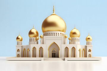 Fototapeta na wymiar 3D rendered miniature golden mosque, background for promotional events for Islamic events