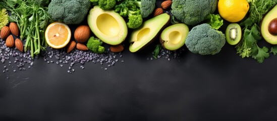 Vegan friendly nutrient rich foods emphasizing antioxidants carbs vitamins detoxifying alkaline vegetarian eating approach - obrazy, fototapety, plakaty