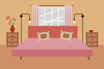 Bedroom interior with bed, bedside tables, lamp stands against window background