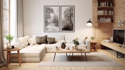 Scandinavian interior design for a modern living room featuring an elegant sofa, framed artwork, a table, and wall