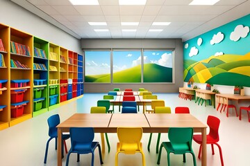 Colorful kindergarten classroom without children, school desks, chairs, toys and decorations on the...