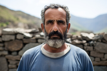 A bearded man in front of a stone wall wearing a blue t-shirt