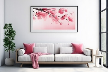 modern living room with a pink sofa adorned with colorful cushions, a white coffee table, framed abstract artwork on the wall