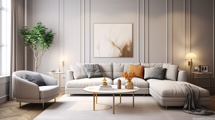 Fototapeta na wymiar Scandinavian interior design for a modern living room featuring an elegant sofa, framed artwork, a table, and wall