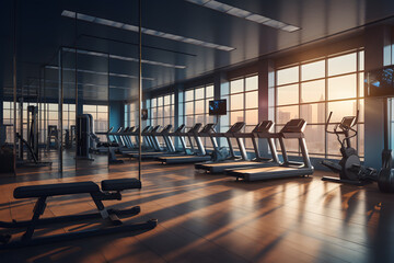 modern gym with large windows that offer a stunning view of the cityscape. The gym is spacious and...