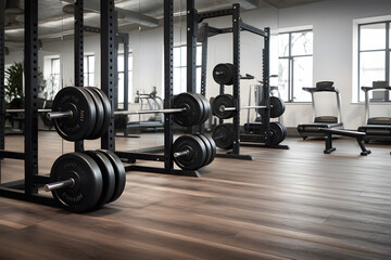 Fototapeta na wymiar gym with barbells on racks, ready for a workout session. The primary focus is on two barbells loaded with weights, placed horizontally on a rack.