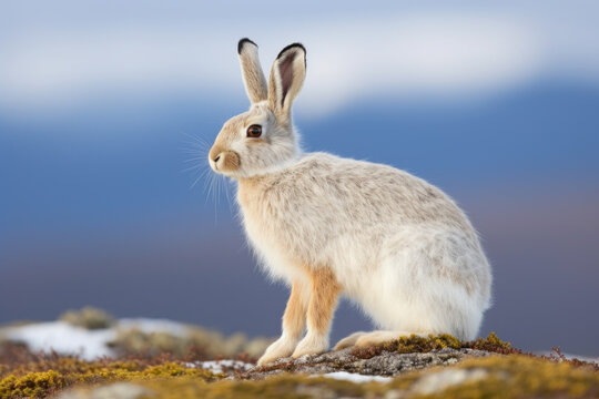 Mountain hare, Lepus timidus standing on a rocky outcropping  with its ears up and alert, clear blue sky