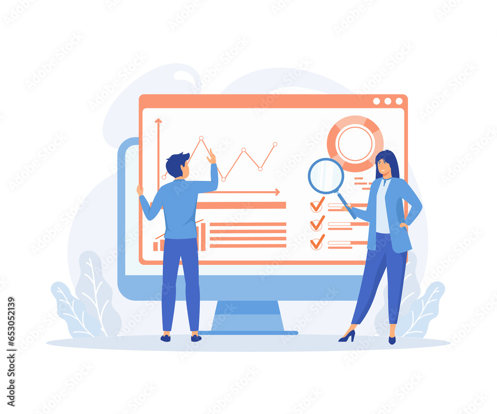 Poster usiness people working for data analytics and monitoring on web report dashboard monitor, flat vecto