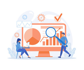 Statistical and Data analysis for business finance investment concept, business people working on monitor graph dashboard, flat vector modern illustration