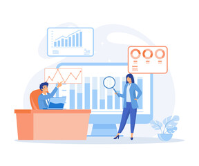 statistical and Data analysis for business finance investment concept, business team working on monitor graph dashboard, flat vector modern illustration