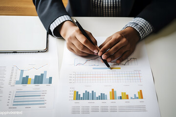 Business analytic, data representations including bar graphs, line charts, and tables, indicating a statistical or analytical work setting - obrazy, fototapety, plakaty