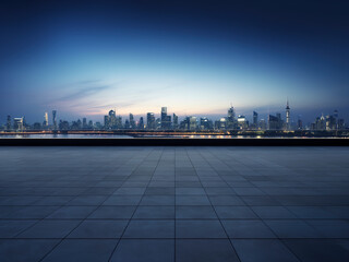 Obraz premium Perspective view of empty floor and modern rooftop building with cityscape scene