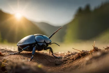 Foto op Plexiglas Spring dumbledor or spring dor beetle on a forest floor, close up. Trypocopris vernalis. © Sm studio 