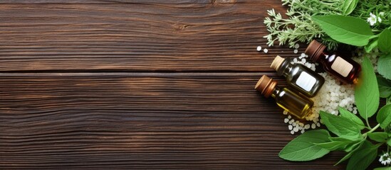 Top view of bottles and pills made from healing herbs on wooden background promoting homeopathy - obrazy, fototapety, plakaty