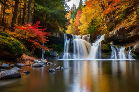 waterfall in autumn forest, waterfall in mountains with trees
