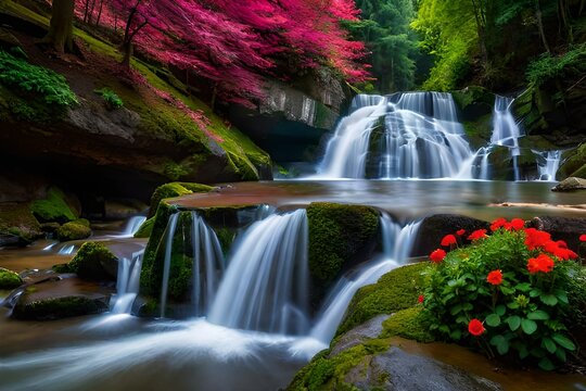 waterfall in the forest with flowers and trees in spring
