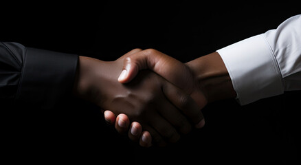 Two men shaking hands in dark background. - obrazy, fototapety, plakaty