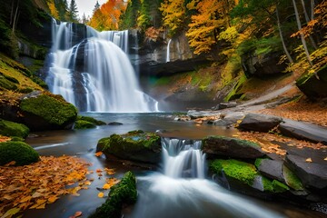 waterfall in autumn forest with brown floating leaves