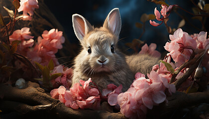 Cute baby rabbit sitting in springtime grass, fluffy and pink generated by AI