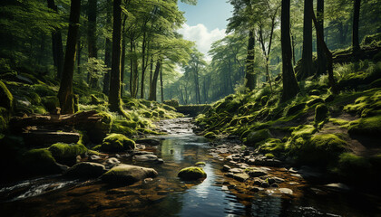 Obraz premium Tranquil scene of green forest, flowing water, and majestic mountains generated by AI