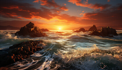 Sunset over water, waves crash on rocky coastline generated by AI