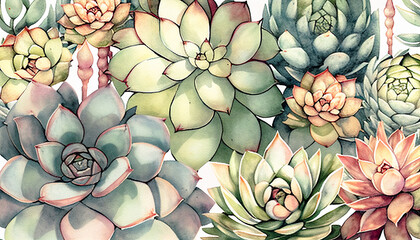 Succulents watercolor soft muted colors, delicate botanical  variations. Floral blooming succulent art background for web, mobile watercolors copy space.  - obrazy, fototapety, plakaty