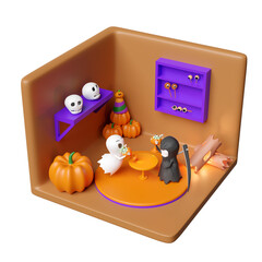 3d isometric room for halloween holiday party with cute ghost, grim reaper hand holding scythe, magic cup pumpkin, skeleton, skull, eye isolated. 3d render illustration