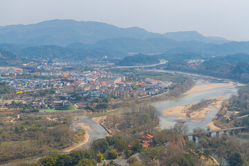 The view on the village by the river from Da Wang Shan Peak in Fujian, China