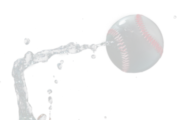 Baseball ball hit water and splash in air. Baseball ball fly in rain and splatter splash in droplet water. Black background Isolated series two of images