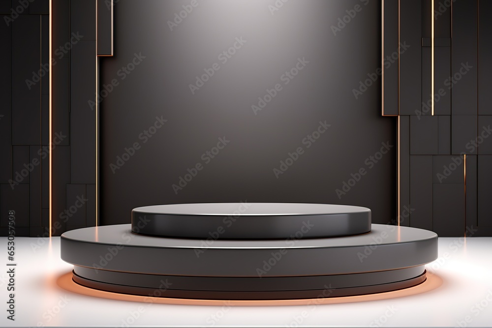 Wall mural empty round black podium, stage, pedestal for goods and objects. minimalist stand