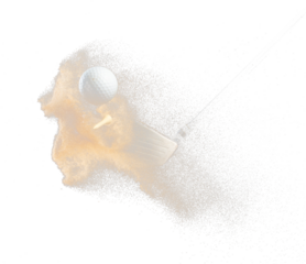 Golf ball tee explode from sand bunker. Golfer hit ball with club to sand explosion to green. Golf club hit ball tee in sand wedge bunker explosion. Black background isolated series two of images