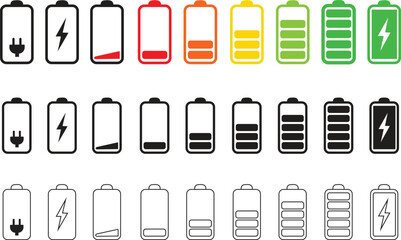set of vertical flat battery level indicator in percentage. linear Battery indicator symbols. colorful Battery level from 0 to 100 percent isolated on transparent background. - obrazy, fototapety, plakaty