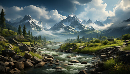 Majestic mountain peak reflects tranquil sky in serene wilderness generated by AI