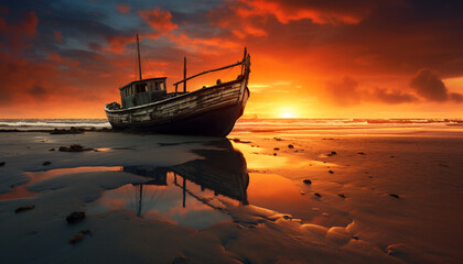 Naklejka premium Sunset over tranquil sea, abandoned fishing boat reflects beauty generated by AI