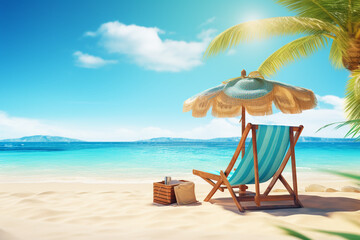 tropical beach with sunbathing accessories in summer - obrazy, fototapety, plakaty