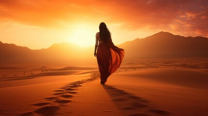 Fototapeta na wymiar woman watching a sunset in the desert generative ai