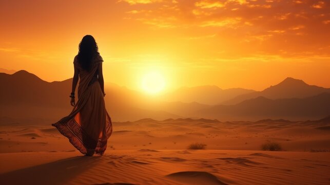 woman watching a sunset in the desert generative ai