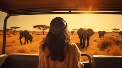 A woman confidently stands atop a safari vehicle, taking in the grandeur of the vast African savanna. An elephant grazes in the distance under the warm summer sun, encapsulating the essence of a wild. - obrazy, fototapety, plakaty