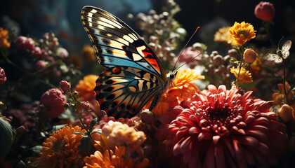 Fototapeta na wymiar The vibrant butterfly dances on a multi colored flower generated by AI
