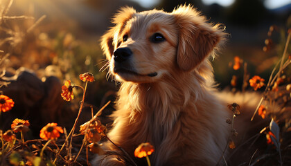 Cute puppy playing in the meadow, enjoying the autumn generated by AI